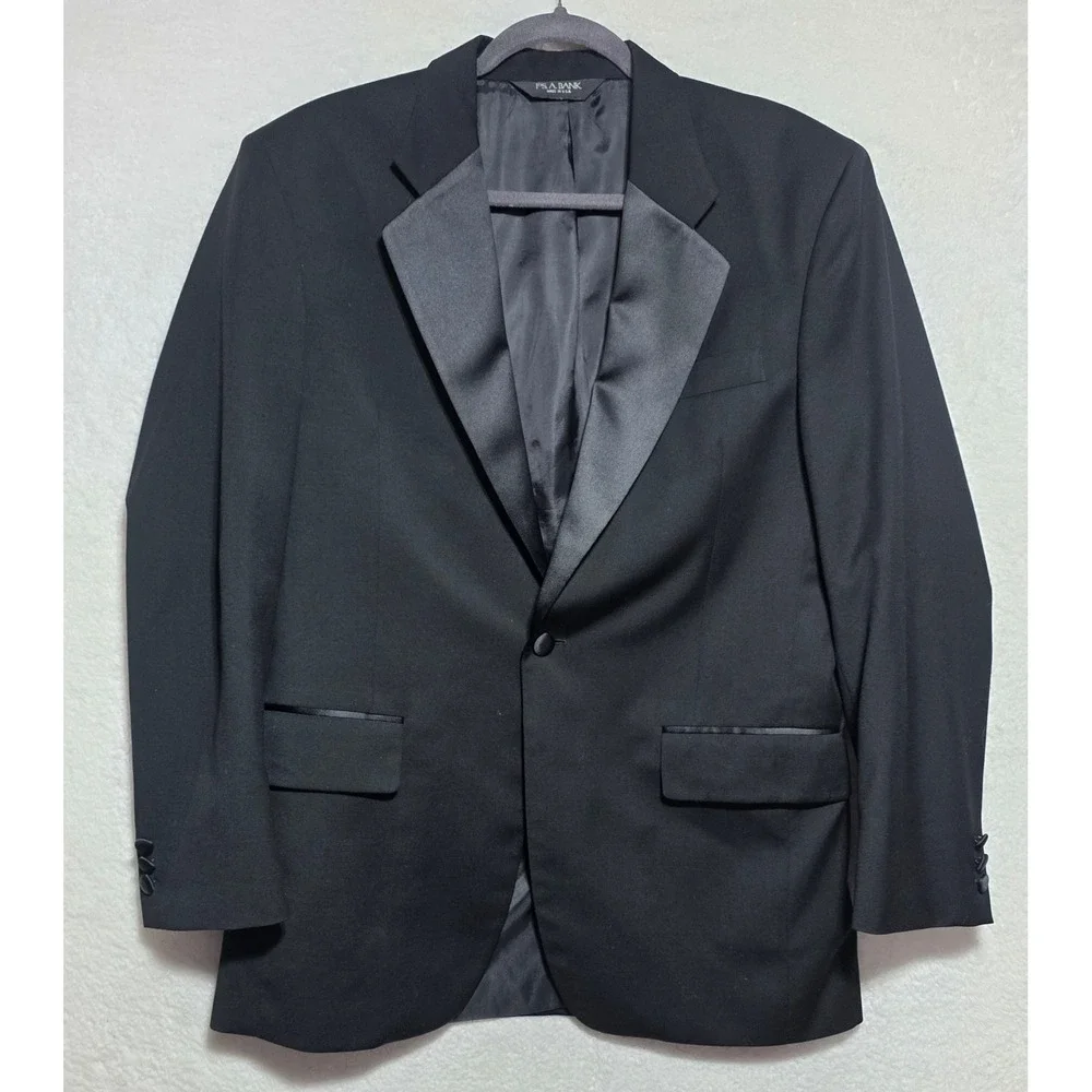 Jos A Bank Mens 38R Tuxedo Jacket Black 100% Wool Satin Peak Lapel Made in USA